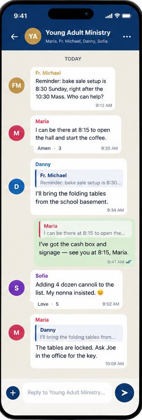 Parish app screen showing a ministry chat conversation