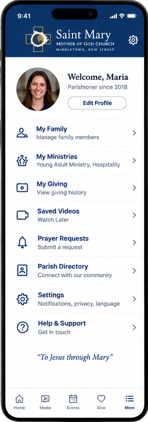 Parish app screen showing the parishioner profile menu