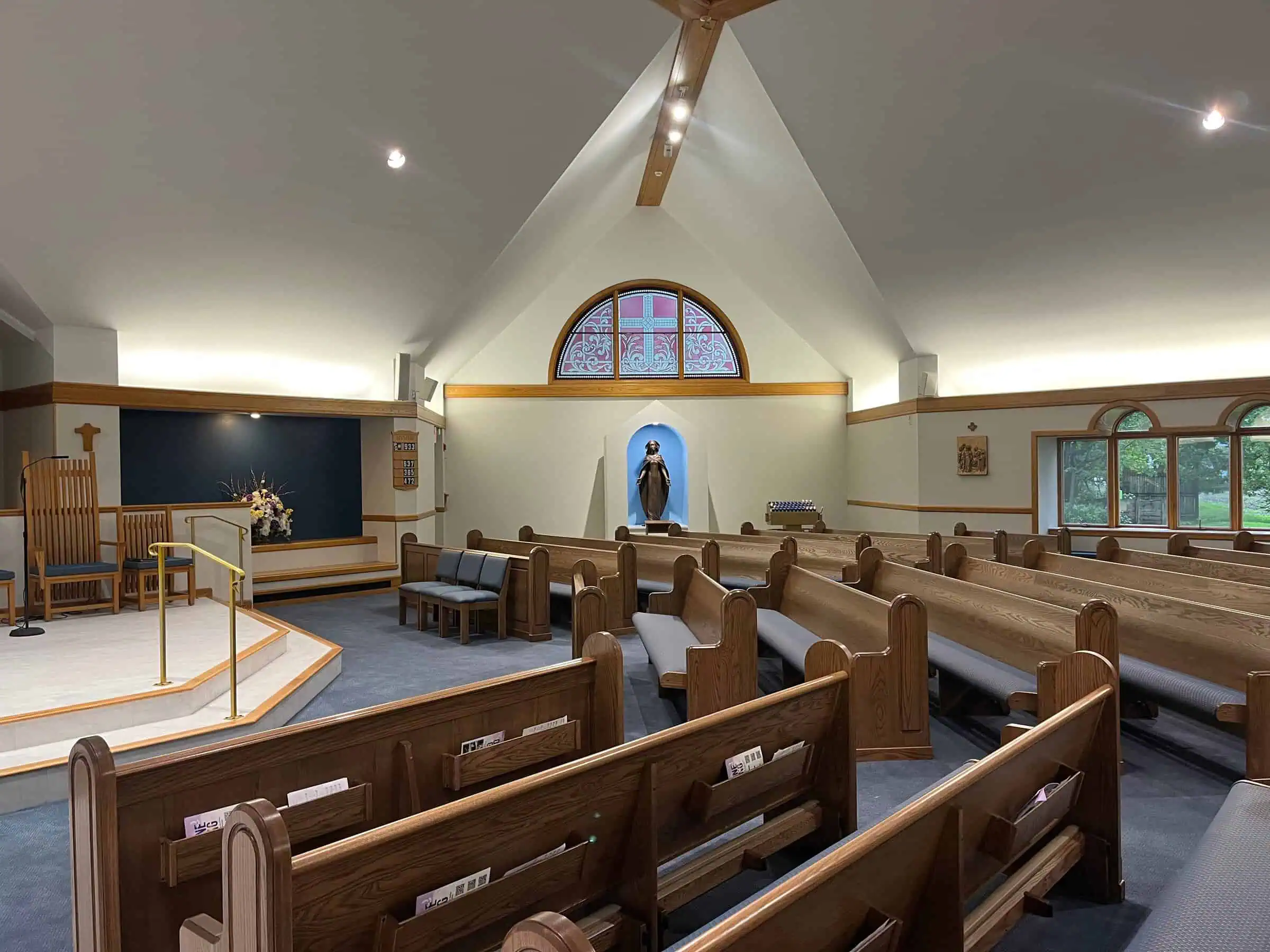 Wide view of the renovated sanctuary at St. James, looking toward the altar