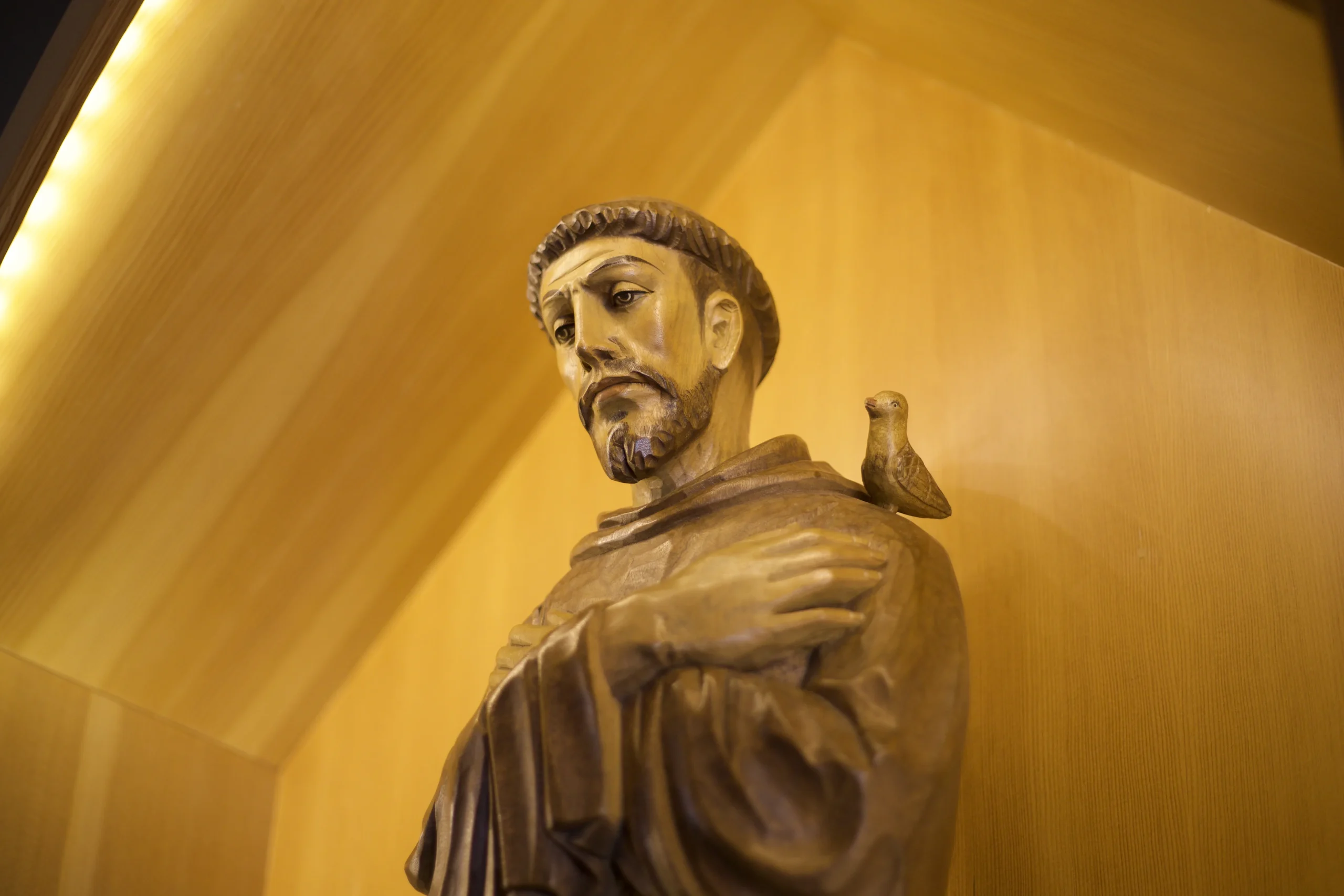 A carved statue of St. Francis holding a bird